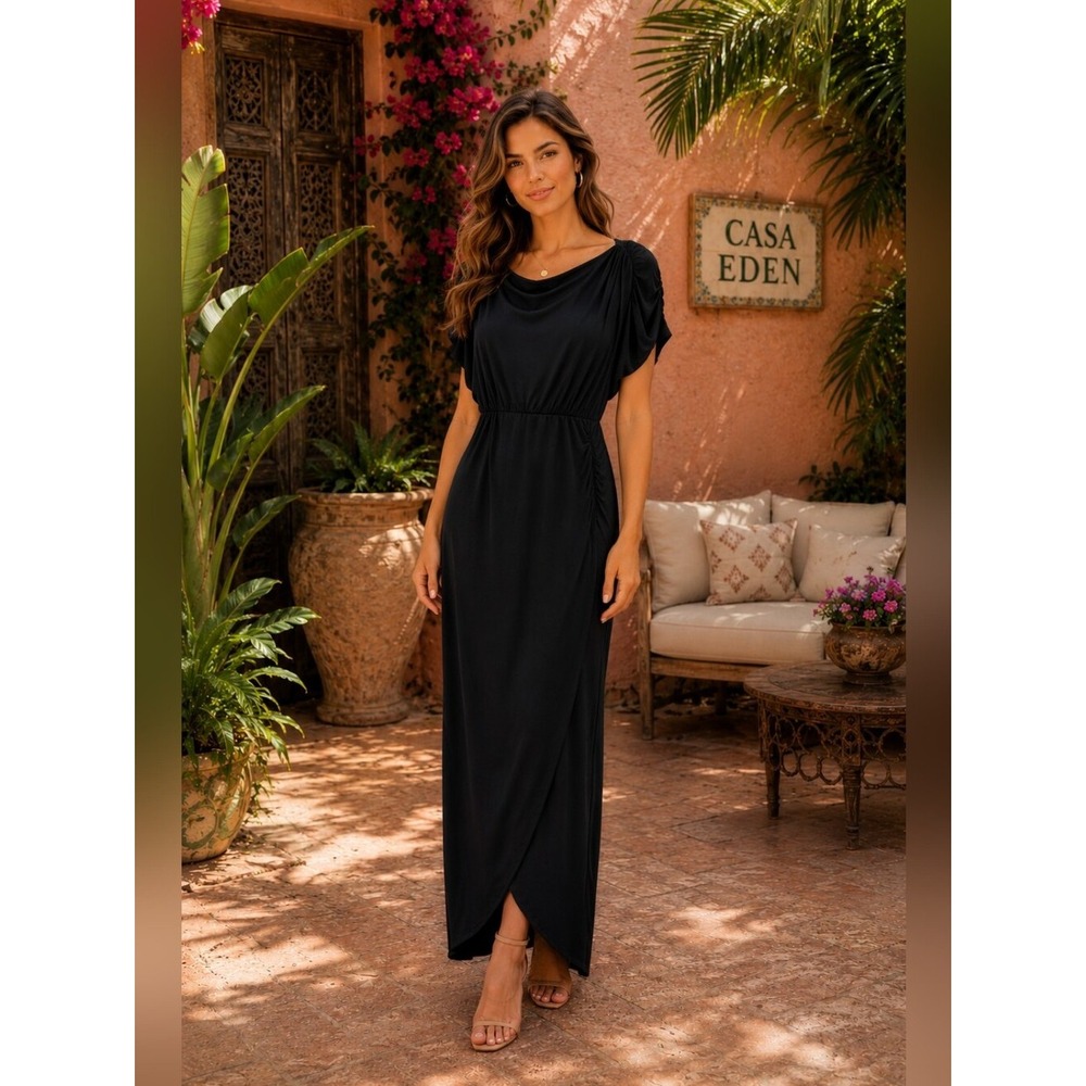 Anrabess Black Maxi Dress Ruched Sleeve Pockets Stretch Knit Size S